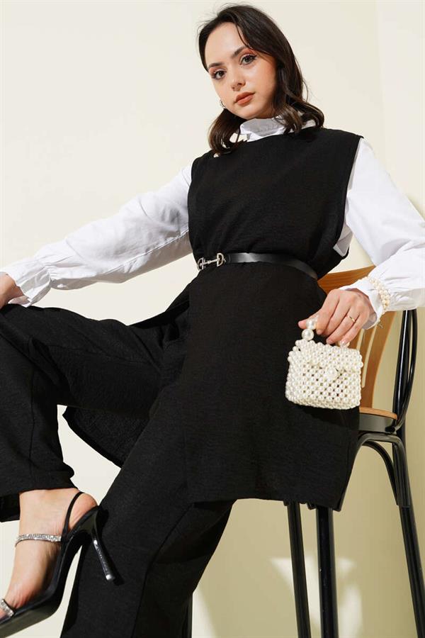 Button Detailed Belted 3 Piece Set Black