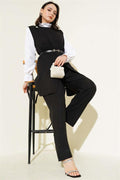 Button Detailed Belted 3 Piece Set Black