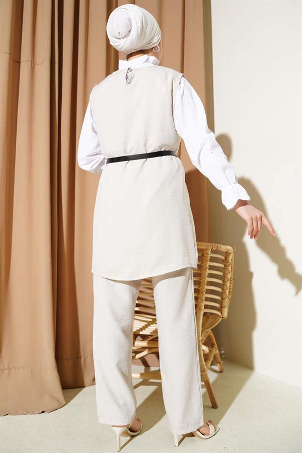 Button Detailed Belted 3 Piece Set Stone