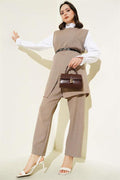 Button Detailed Belted 3 Piece Set Mink