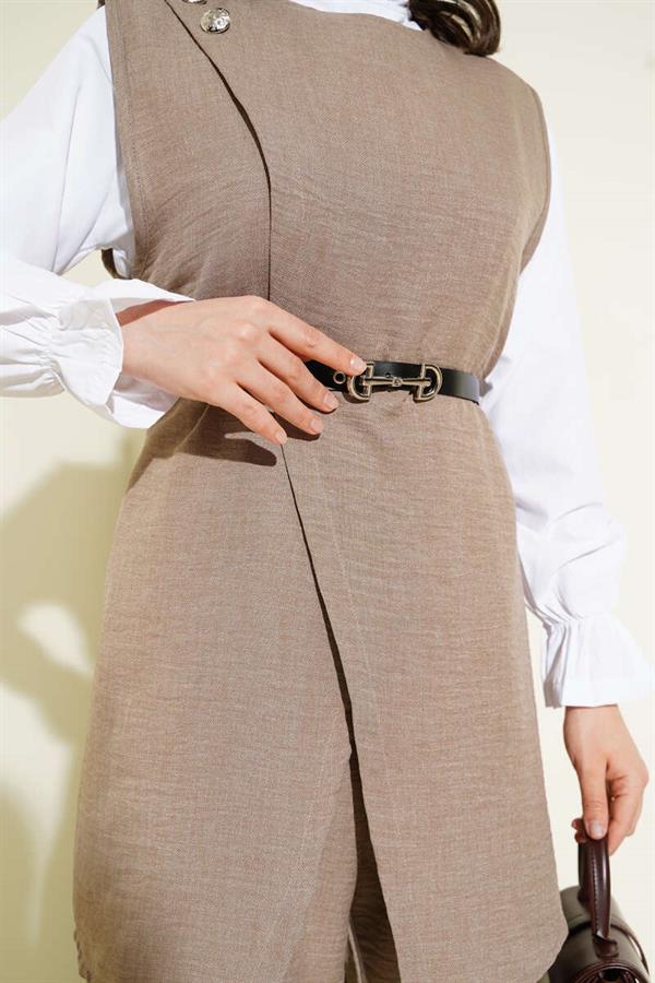 Button Detailed Belted 3 Piece Set Mink