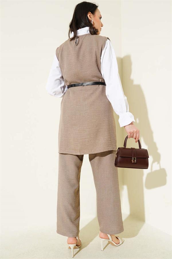 Button Detailed Belted 3 Piece Set Mink