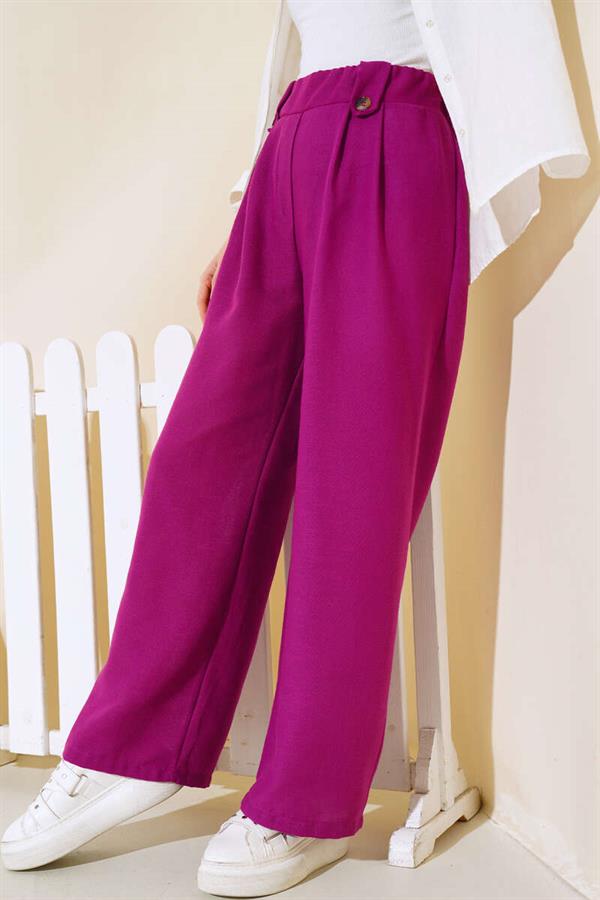 Button Detailed Linen Casual Trousers Violet