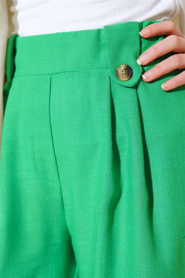 Loose Linen Trousers with Button Detail in Green