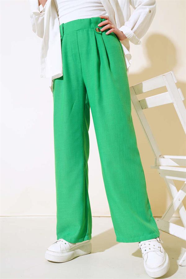 Loose Linen Trousers with Button Detail in Green