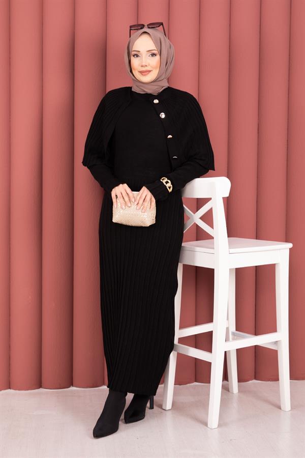 Button Detailed Cape Knit Dress Suit Black
