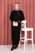 Button Detailed Cape Knit Dress Suit Black