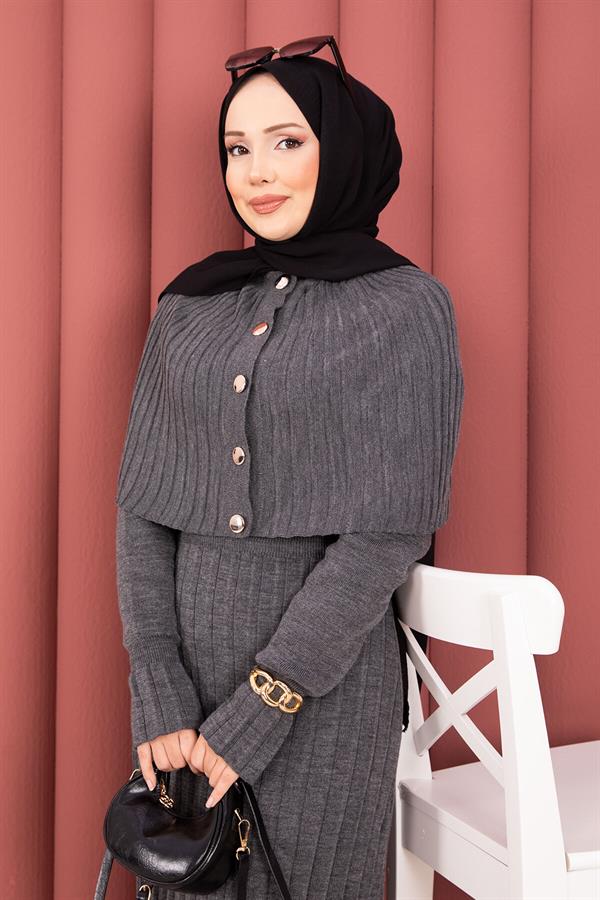 Button Detailed Cape Knit Dress Suit Smoke