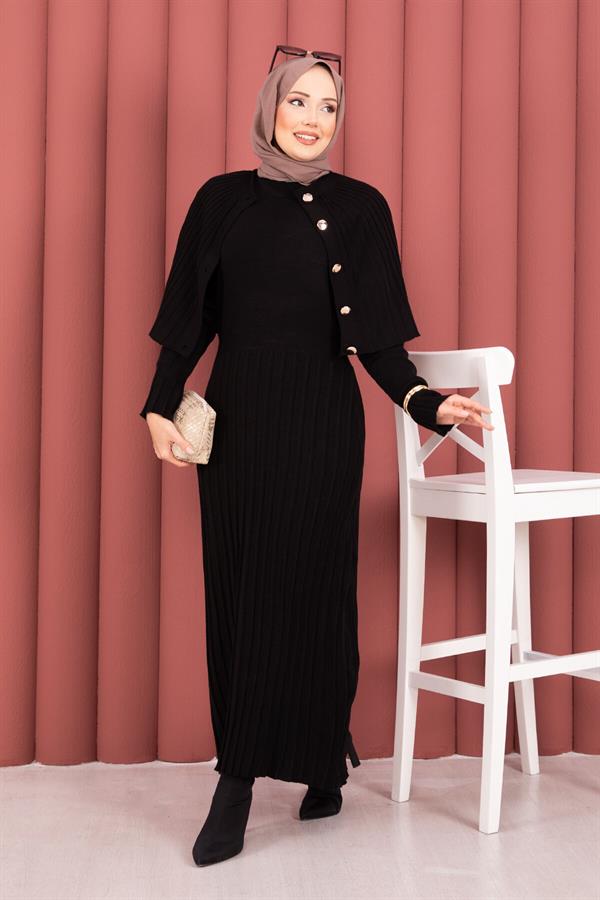 Button Detailed Cape Knit Dress Suit Black