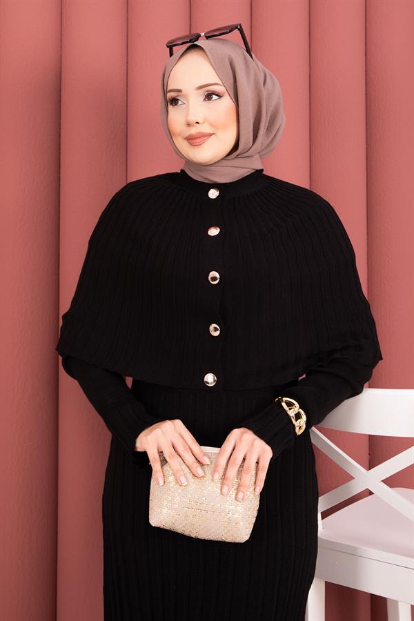 Button Detailed Cape Knit Dress Suit Black
