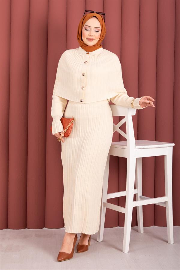 Button Detailed Cape Knit Dress Set Cream