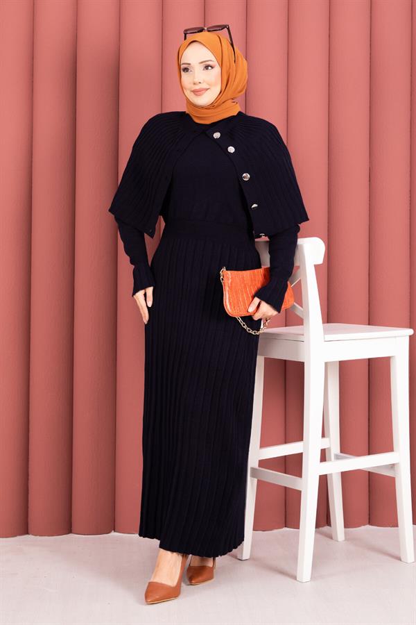 Button Detailed Cape Knit Dress Suit Navy Blue
