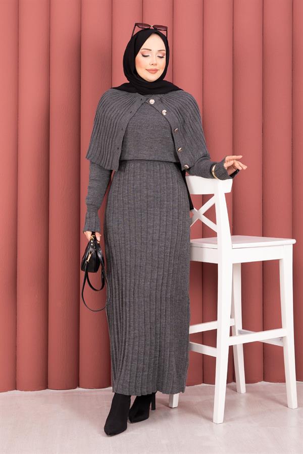 Button Detailed Cape Knit Dress Suit Smoke