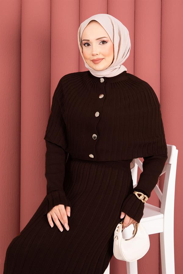 Button Detailed Cape Knit Dress Suit Brown