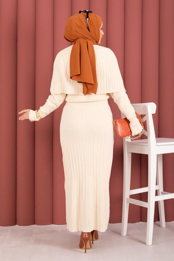 Button Detailed Cape Knit Dress Set Cream