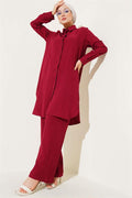 Buttoned Tree Bark 2 Piece Set Burgundy