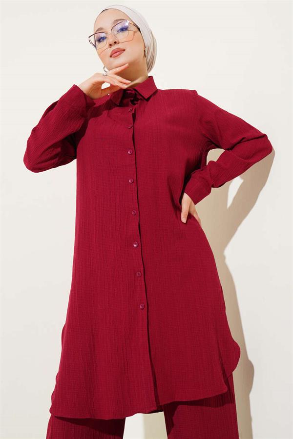 Buttoned Tree Bark 2 Piece Set Burgundy