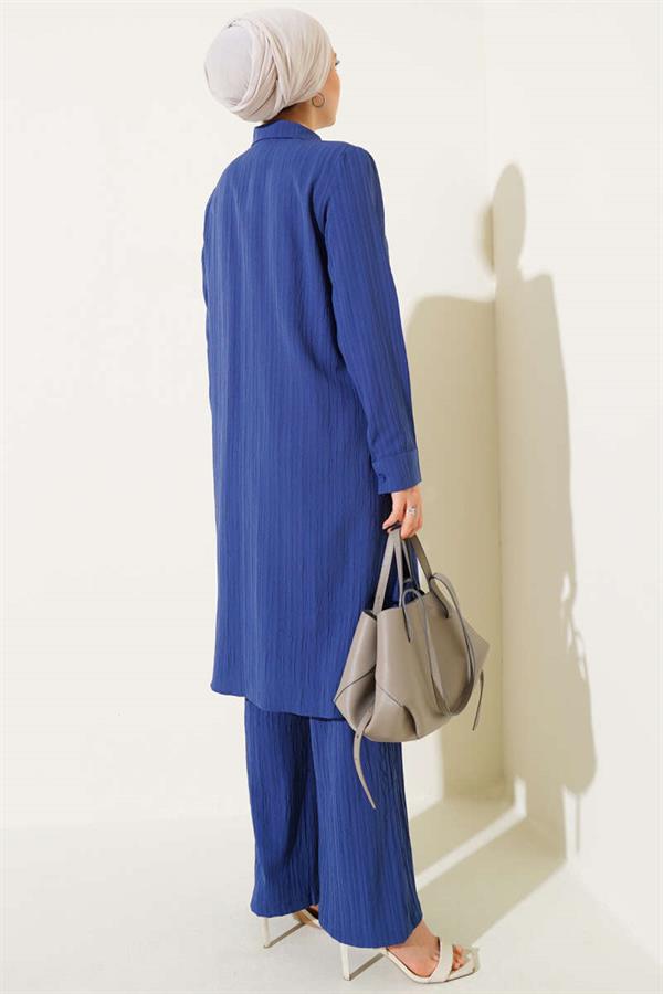 Buttoned Tree Bark 2 Piece Set Indigo