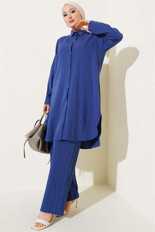 Buttoned Tree Bark 2 Piece Set Indigo
