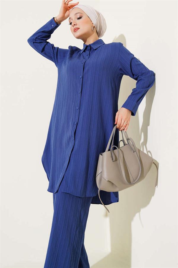 Buttoned Tree Bark 2 Piece Set Indigo