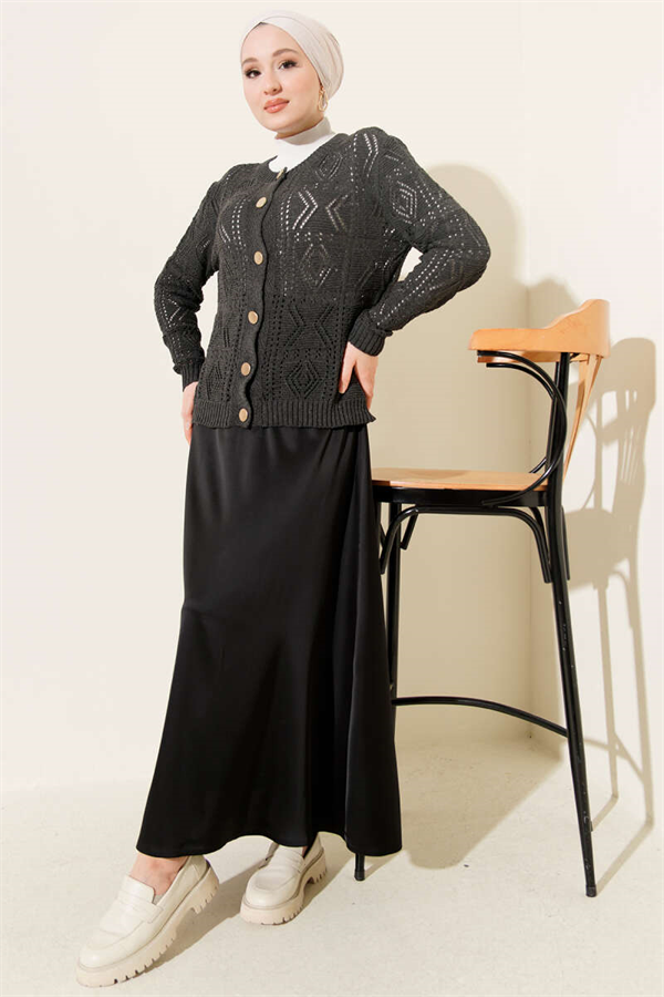 Buttoned Openwork Short Knit Cardigan Anthracite