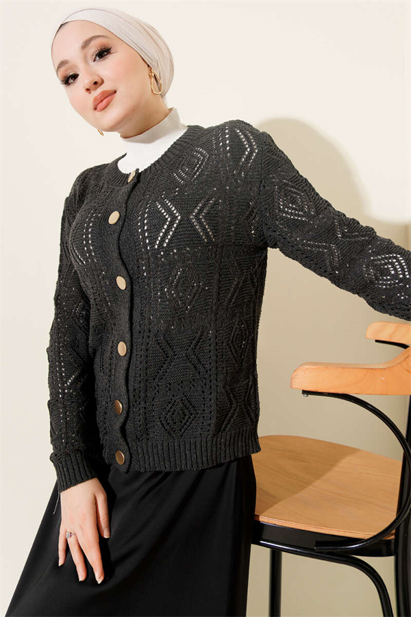 Buttoned Openwork Short Knit Cardigan Anthracite
