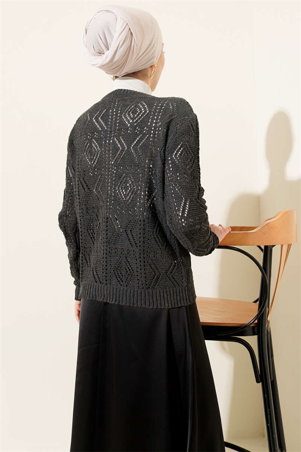 Buttoned Openwork Short Knit Cardigan Anthracite