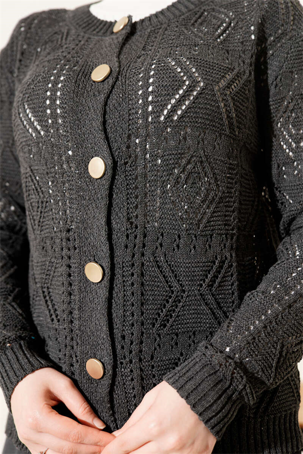 Buttoned Openwork Short Knit Cardigan Anthracite