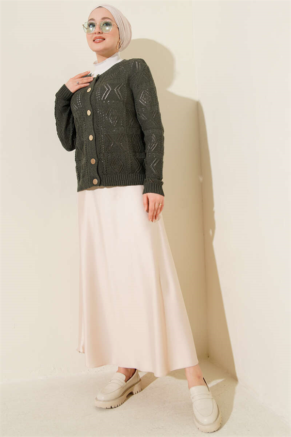 Buttoned Openwork Short Knit Cardigan, Olive Green