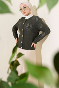 Buttoned Openwork Short Knit Cardigan, Olive Green