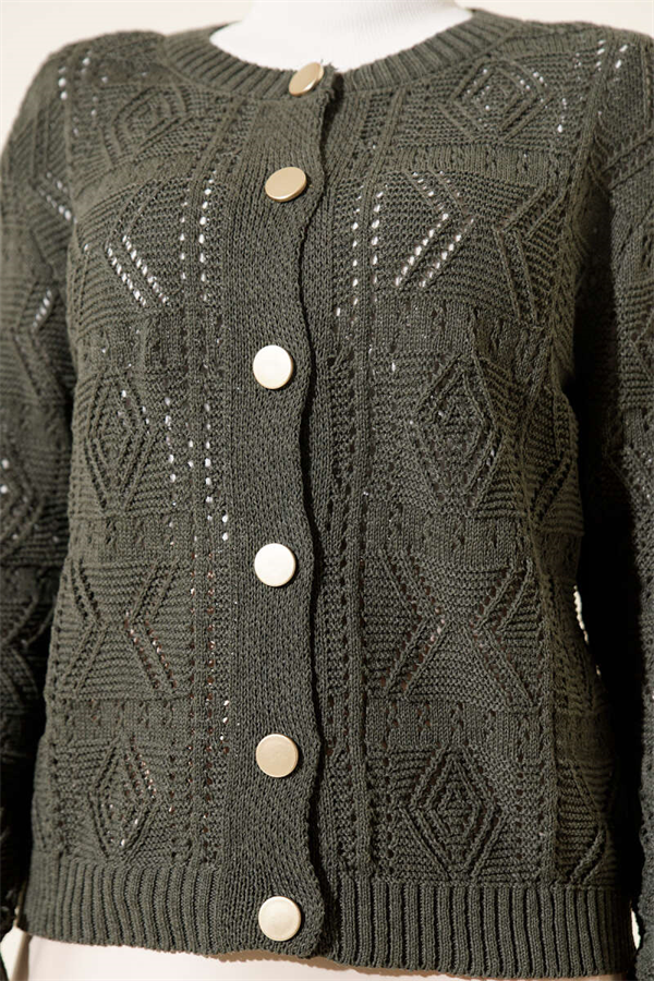 Buttoned Openwork Short Knit Cardigan, Olive Green