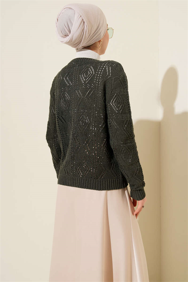 Buttoned Openwork Short Knit Cardigan, Olive Green
