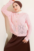 Buttoned Openwork Short Knit Cardigan Pink