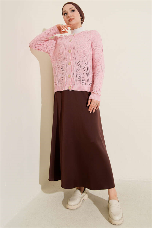 Buttoned Openwork Short Knit Cardigan Pink