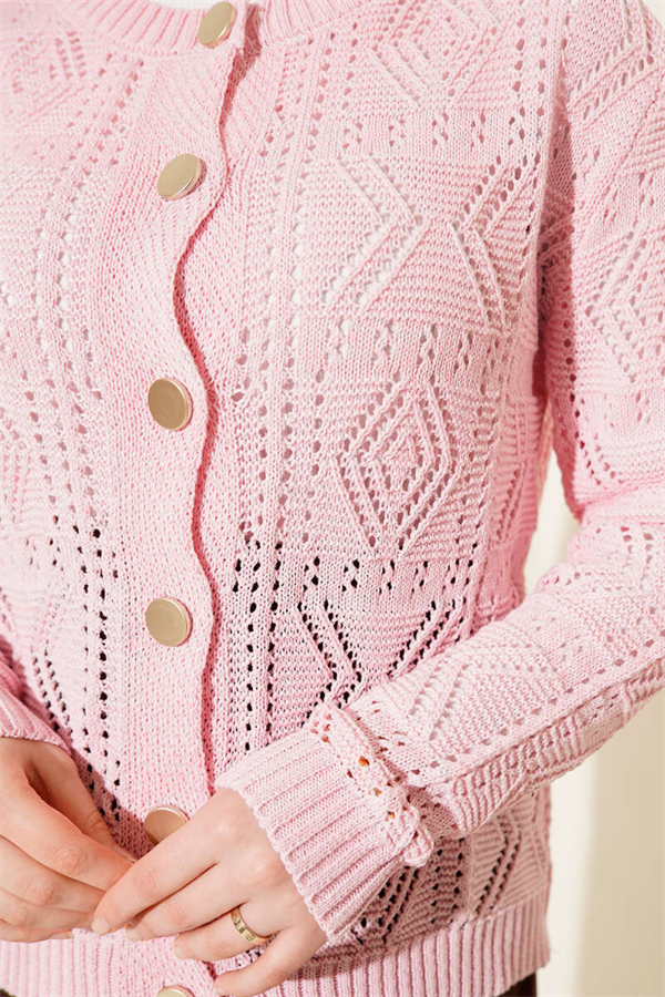 Buttoned Openwork Short Knit Cardigan Pink