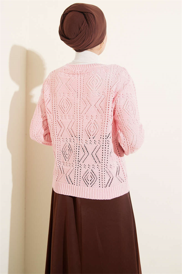 Buttoned Openwork Short Knit Cardigan Pink