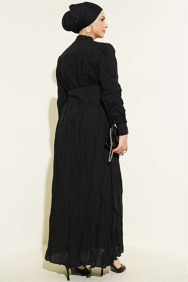 Buttoned Asymmetric Belted Wrinkle Dress Black