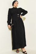 Buttoned Asymmetric Belted Wrinkle Dress Black