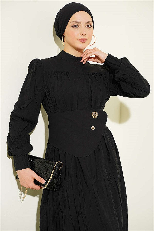 Buttoned Asymmetric Belted Wrinkle Dress Black