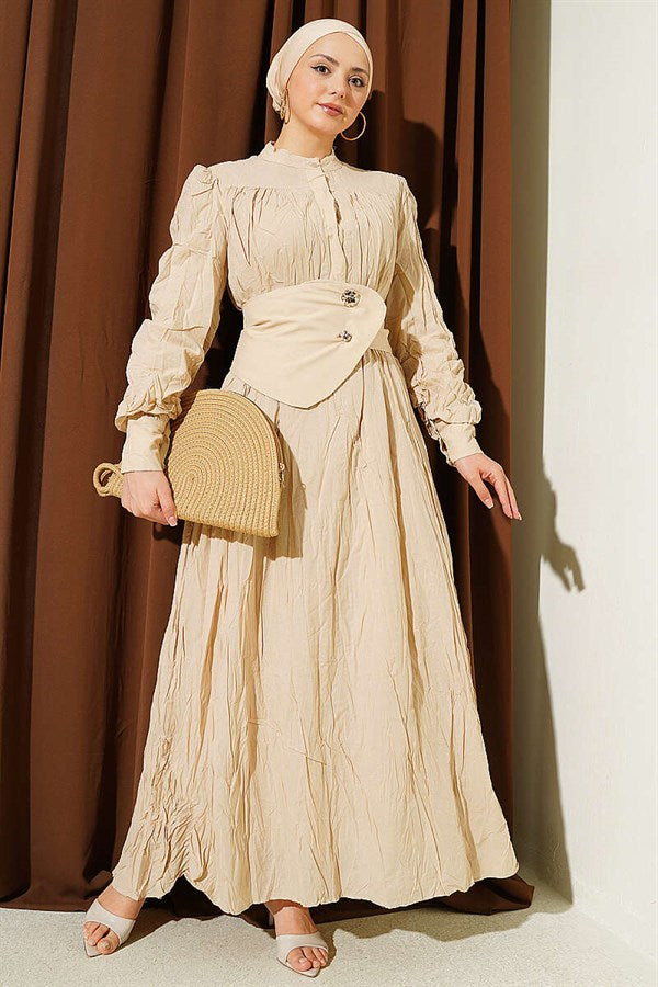 Buttoned Asymmetric Belted Wrinkled Dress Beige