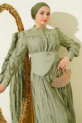 Buttoned Asymmetric Belted Wrinkled Dress in Mint Green