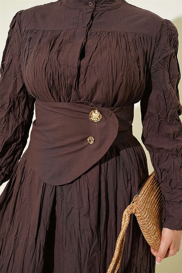 Buttoned Asymmetric Belted Wrinkled Dress in Brown
