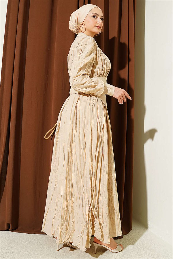 Buttoned Asymmetric Belted Wrinkled Dress Beige