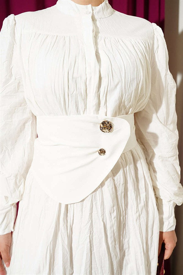 Buttoned Asymmetric Belted Wrinkled Dress, Ecru