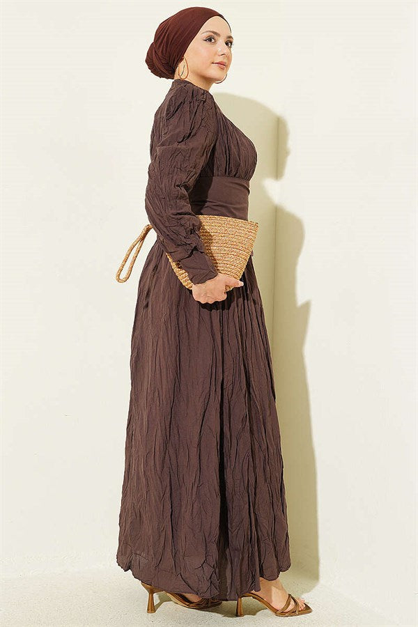 Buttoned Asymmetric Belted Wrinkled Dress in Brown