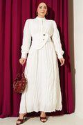 Buttoned Asymmetric Belted Wrinkled Dress, Ecru