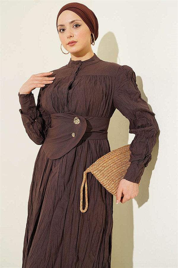 Buttoned Asymmetric Belted Wrinkled Dress in Brown