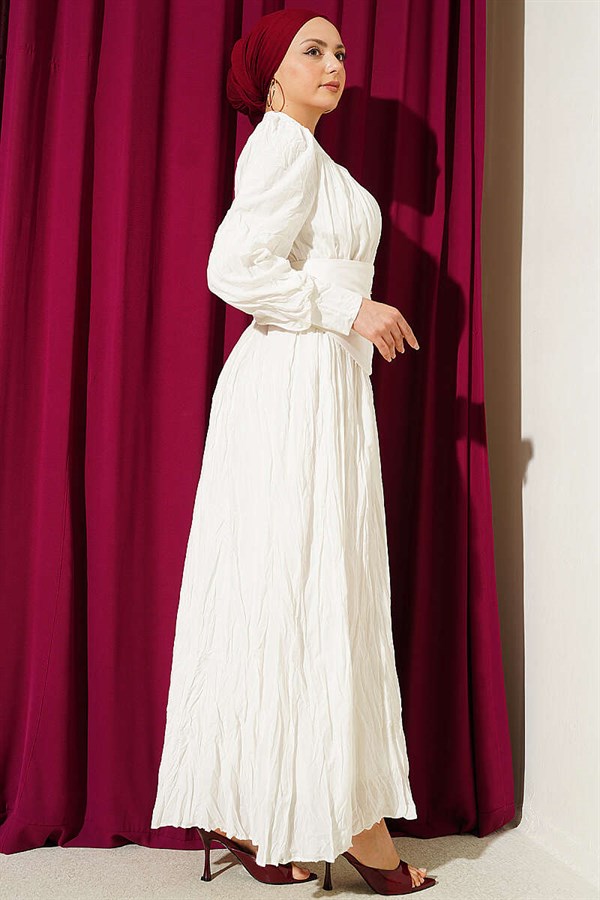 Buttoned Asymmetric Belted Wrinkled Dress, Ecru