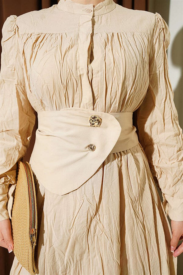 Buttoned Asymmetric Belted Wrinkled Dress Beige
