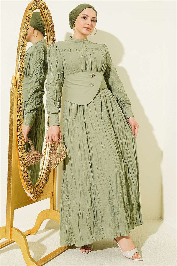 Buttoned Asymmetric Belted Wrinkled Dress in Mint Green